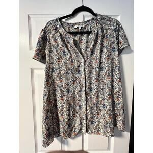 Rose + Olive Women's Floral V-Neck Pleated Button Flutter Sleeve Blouse Size 1X